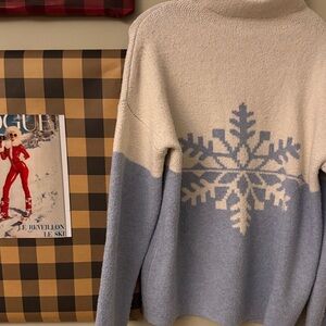 Christian Siriano Snow Pattern Sweater in Cream & Blue Winter Apres Ski L Large